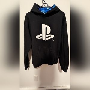 Black Official PlayStation hoodie w blue Hawaiian flower pattern